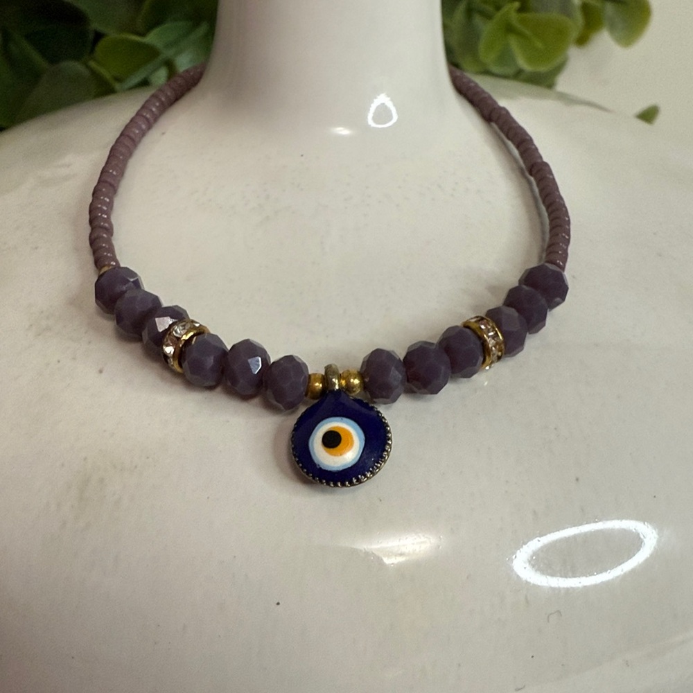 Adjustable Purple Beaded Girl Bracelet with Evil Eye Pendant - NWOT